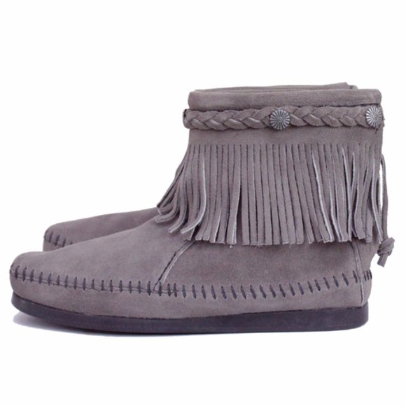 Minnetonka Gray 29IT Concho Hi Top Fringe Zip-up Moccasin Ankle Boots, 9 - Picture 5 of 9